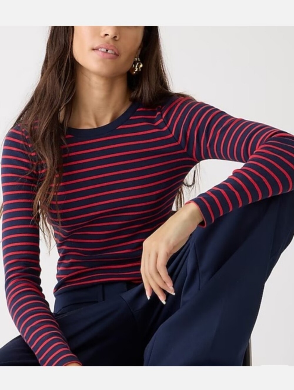 J crew Perfect-Fit Long Sleeve Crewneck T-shirt In Porto Stripe Navy Cand Size M